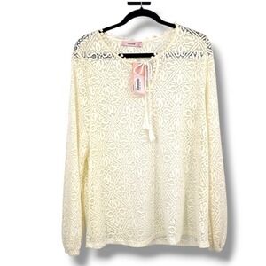 NEW JustFab Lace Top PomPom‎ Trim Long Sleeve Bohemian Blouse Cream Size XL